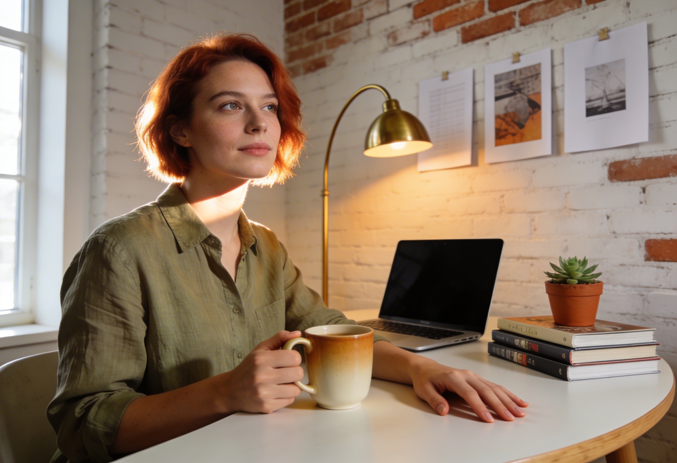 Aydınlık stüdyo köşesinde kahve tutarken çalışan kadın